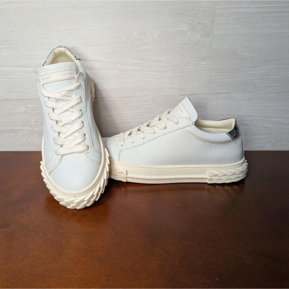GIUSEPPE ZANOTTI Blabber White Leather Sneakers Silver Heel Women Size 38 ITALY